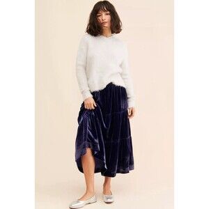 Anthropologie Skirt Womens XS Somerset Maxi Velvet Tiered  Blue Boho Pockets